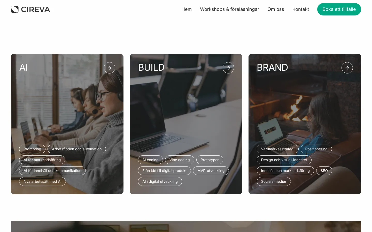 Översikten över workshops och föreläsningar med tre kort för AI, BUILD och BRAND och ämnena i varje upplägg.