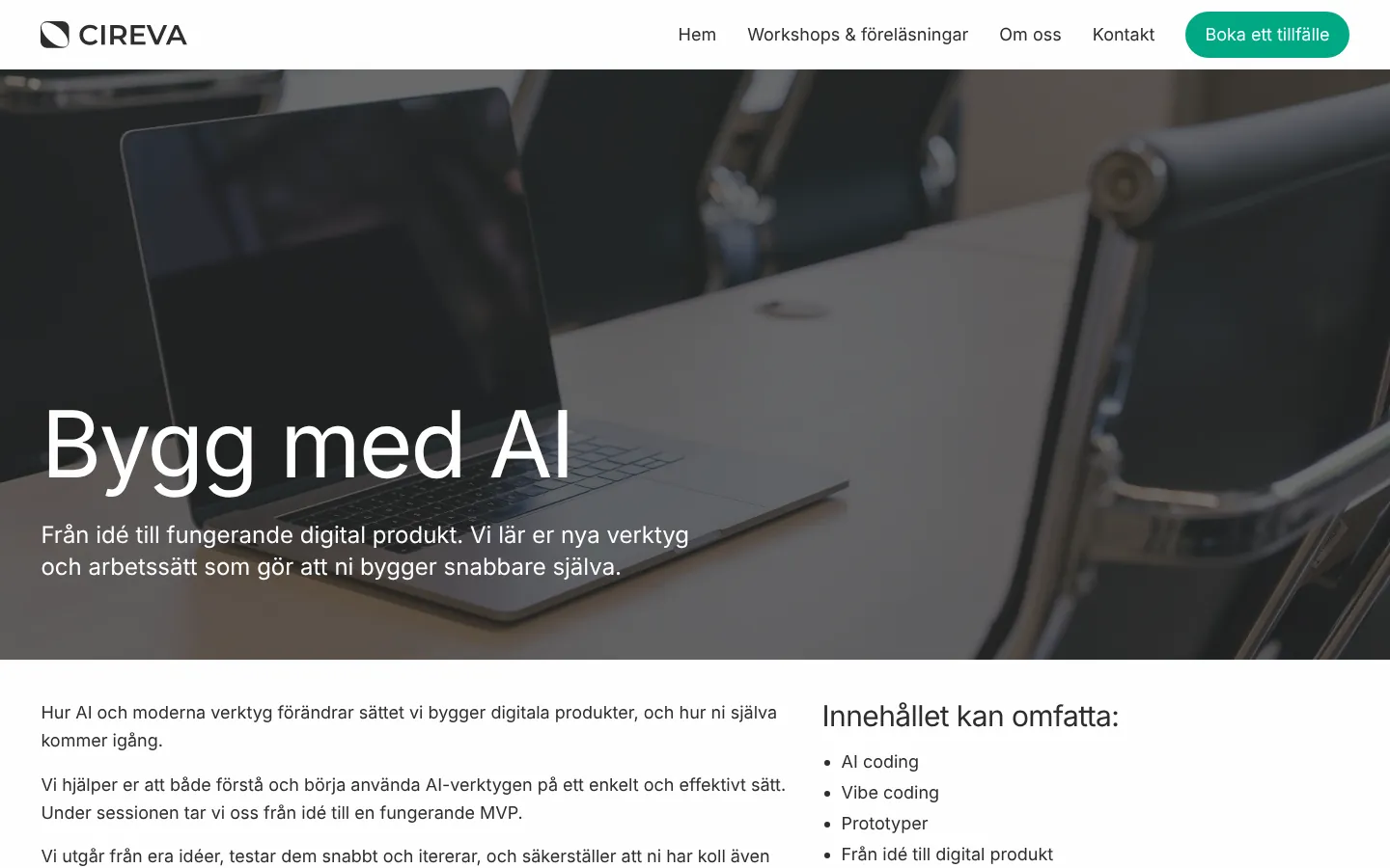 Områdessidan Bygg med AI med en bild på en laptop i ett mötesrum, rubrik och ingress, och nedanför vad innehållet kan omfatta.