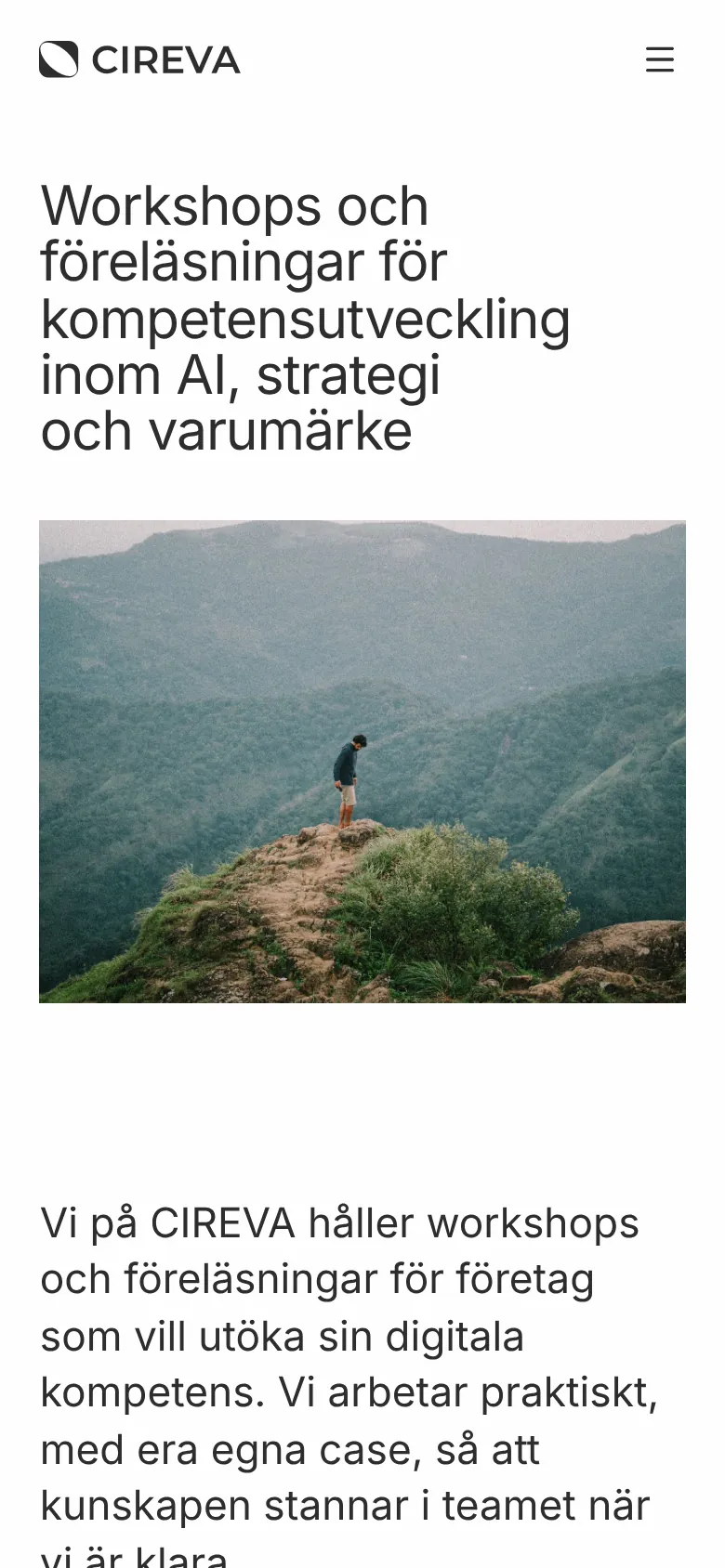 Startsidan på mobil med rubriken om workshops och föreläsningar och en bild från en bergstopp.