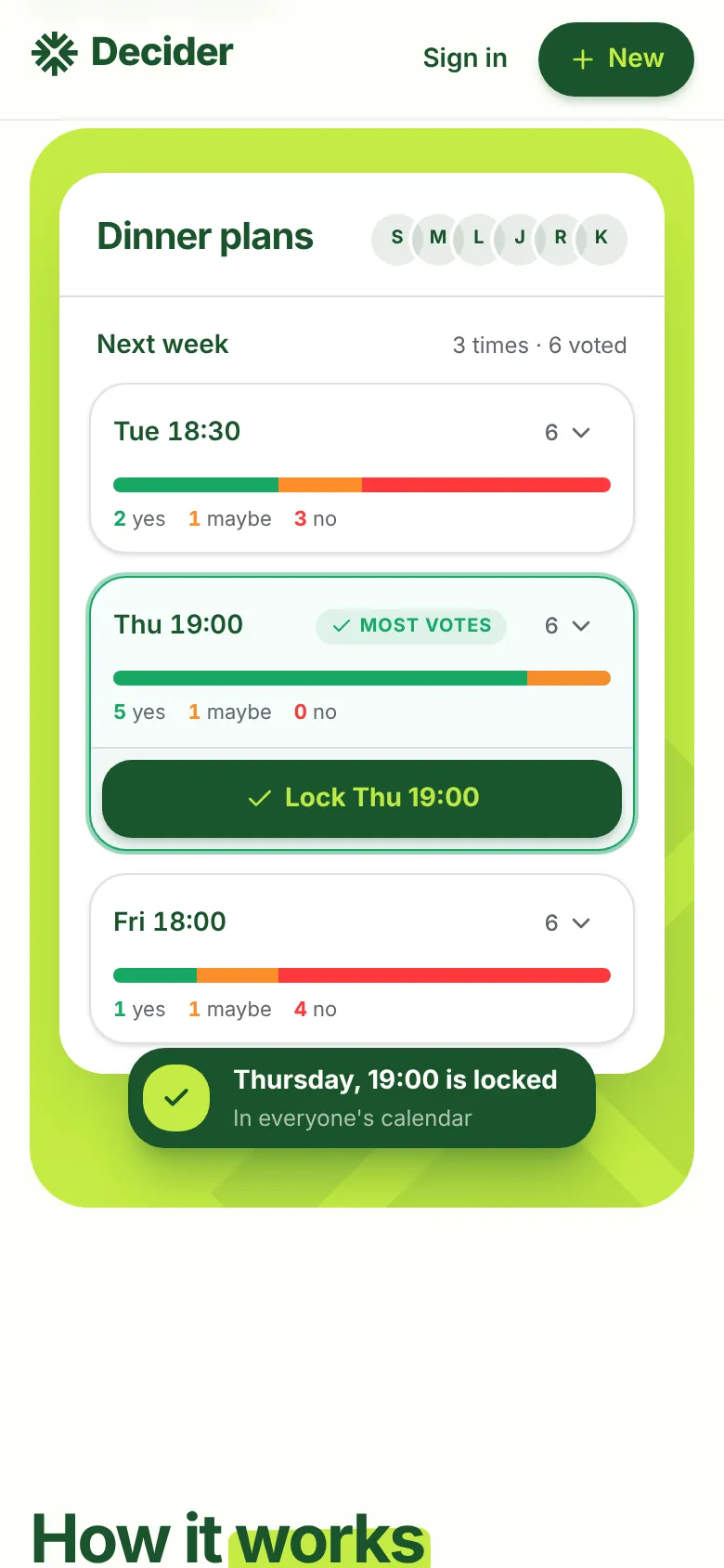 Omröstningen Dinner plans i mobilen med röststaplar för tre tider, den ledande tiden markerad och knappen Lock Thu 19:00