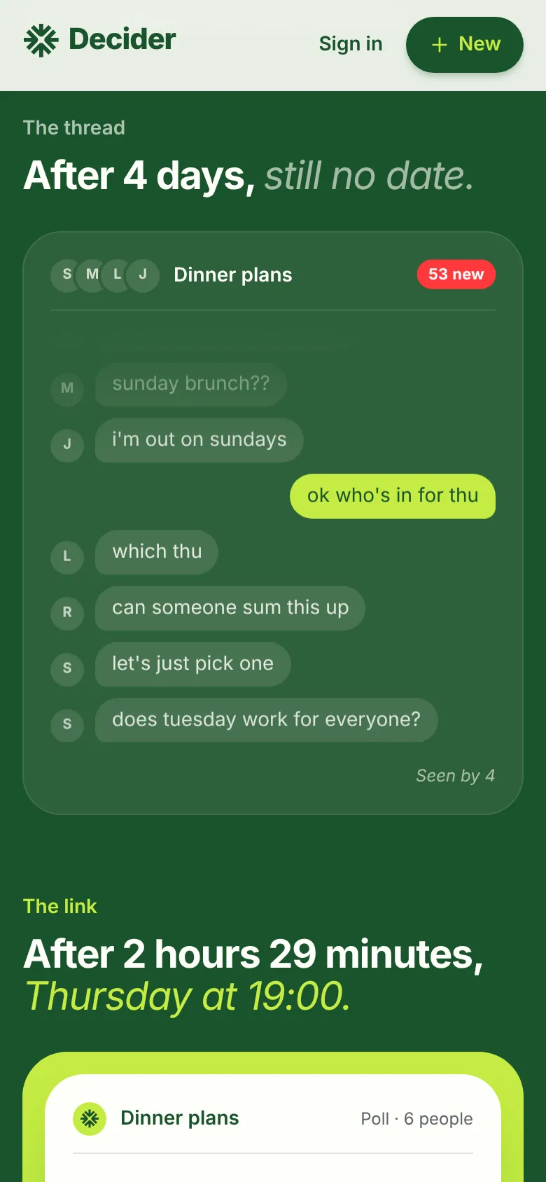 Avsnittet The thread, or the link i mobilen: en gruppchatt som efter fyra dagar saknar datum, och under den samma middag planerad med en länk