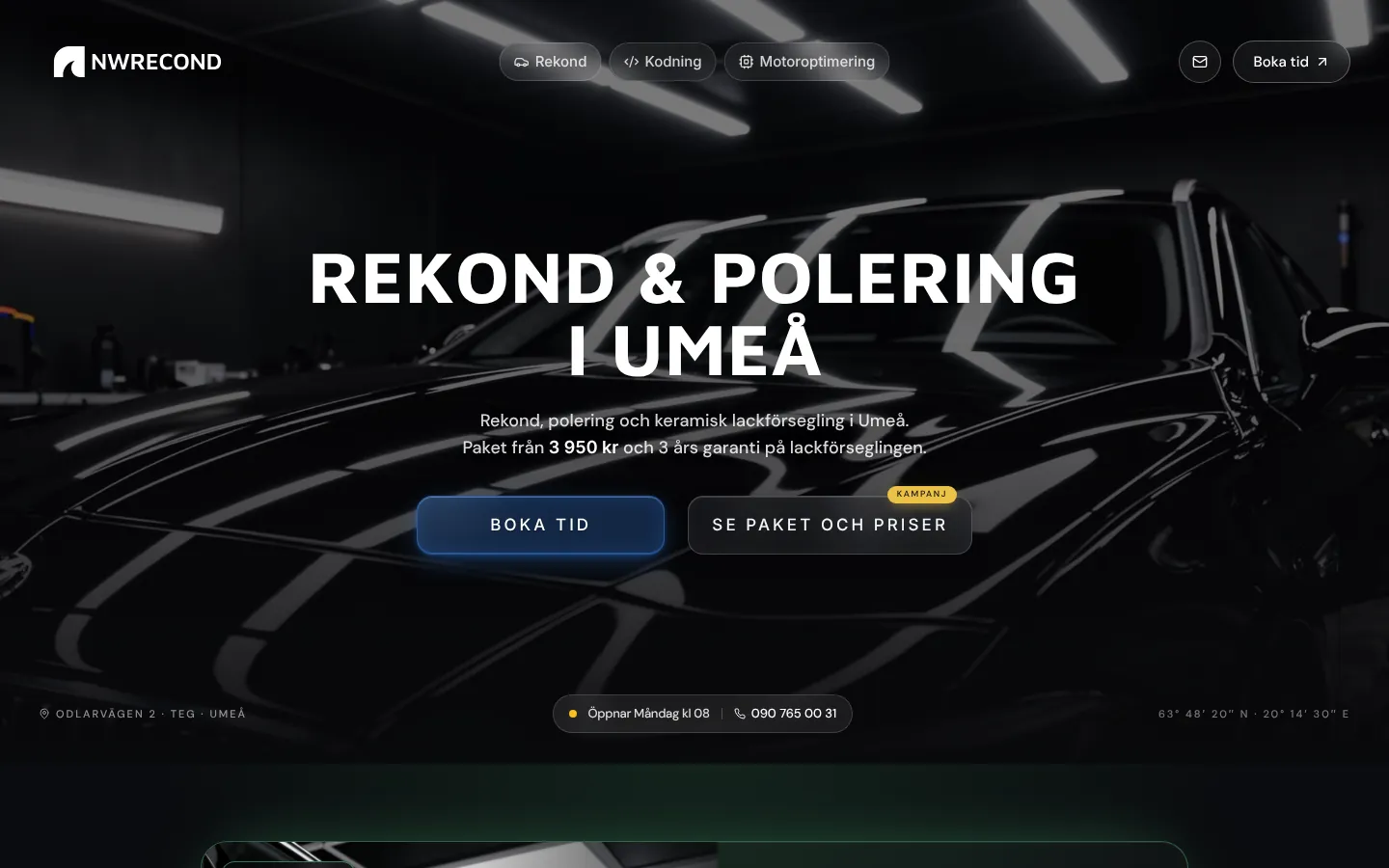 Webbplats, bokning och adminapp för NWRECOND, en verkstad för rekond och motoroptimering i Umeå.