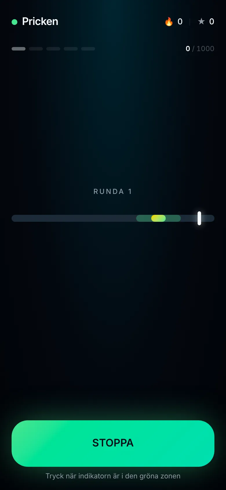 En runda i Pricken med banan, den gröna zonen och Stoppa-knappen